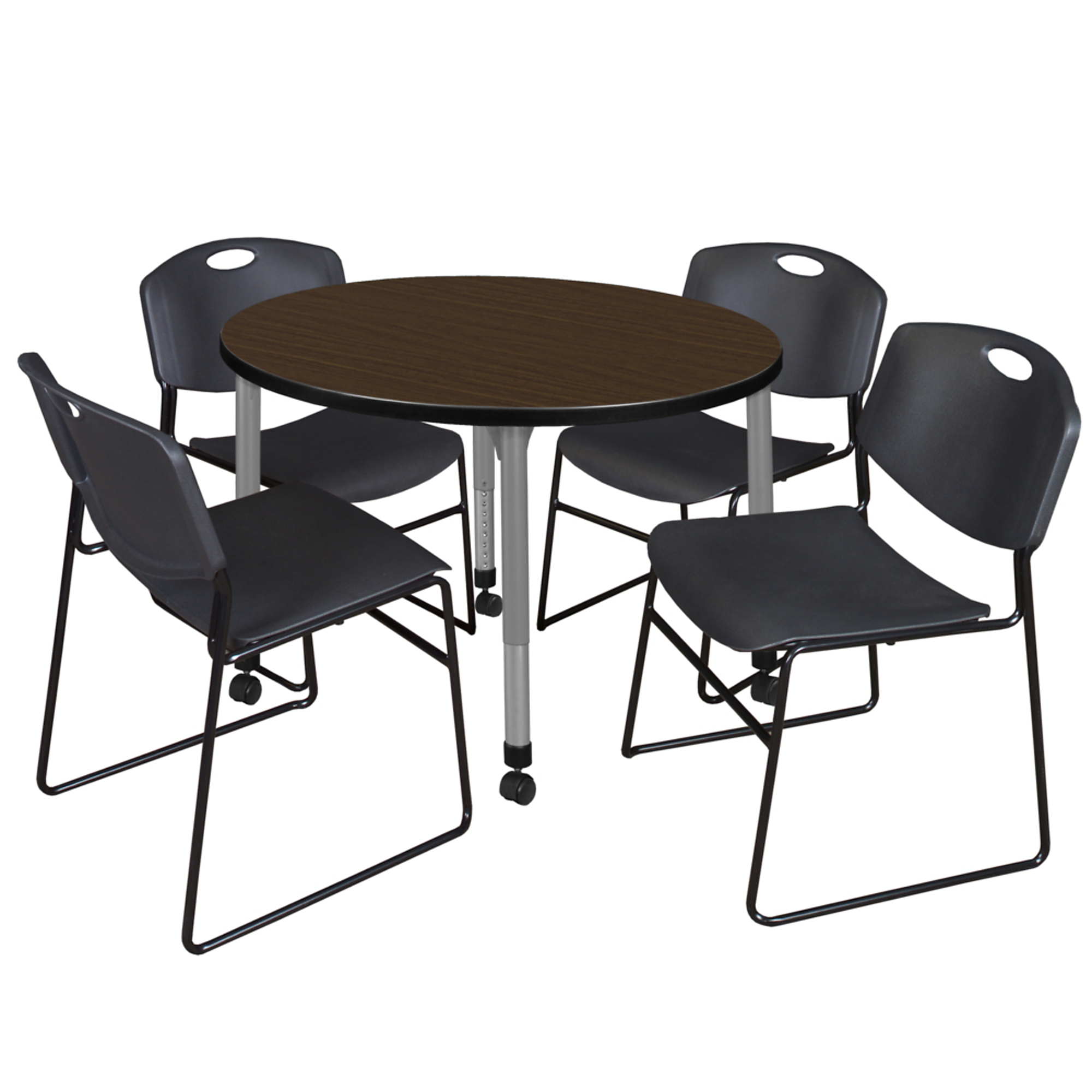 Regency Kee Round Mobile Adjustable Classroom Table Set — 42in. Neo Walnut Top, Grey Base, Includes 4 Black Zeng Stack Chairs, Model# TB42RNDNWAPCGY44BK